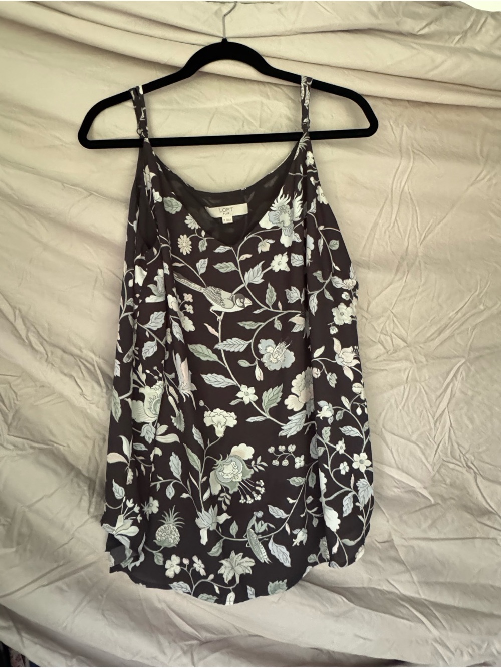 LOFT Black Floral Spaghetti-Strap Camisole with White and Mint Print